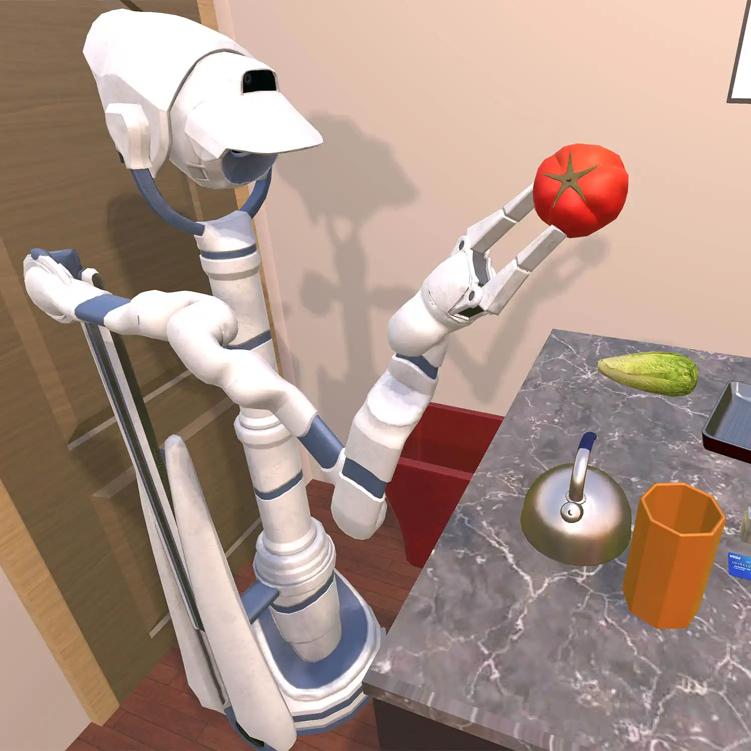 ManipulaTHOR example showing a robot grabbing a fruit.
