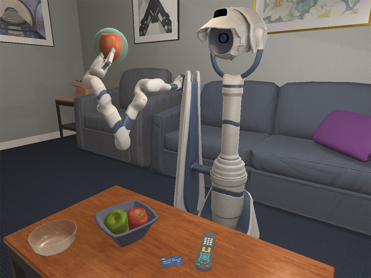 ManipulaTHOR example showing a robot grabbing a fruit.