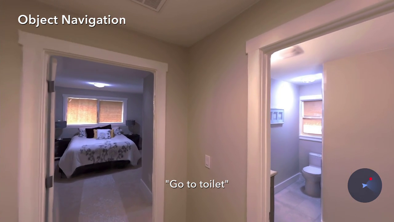This image shows an embodied agent exploring a photorealistic Habitat environment using egocentric vision to locate and navigate to a specified target object.