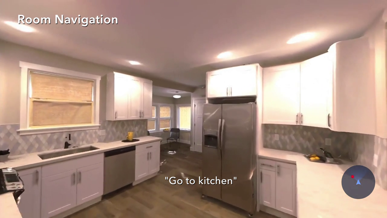 Using egocentric vision the agent needs to navigate through connected rooms toward a designated destination.