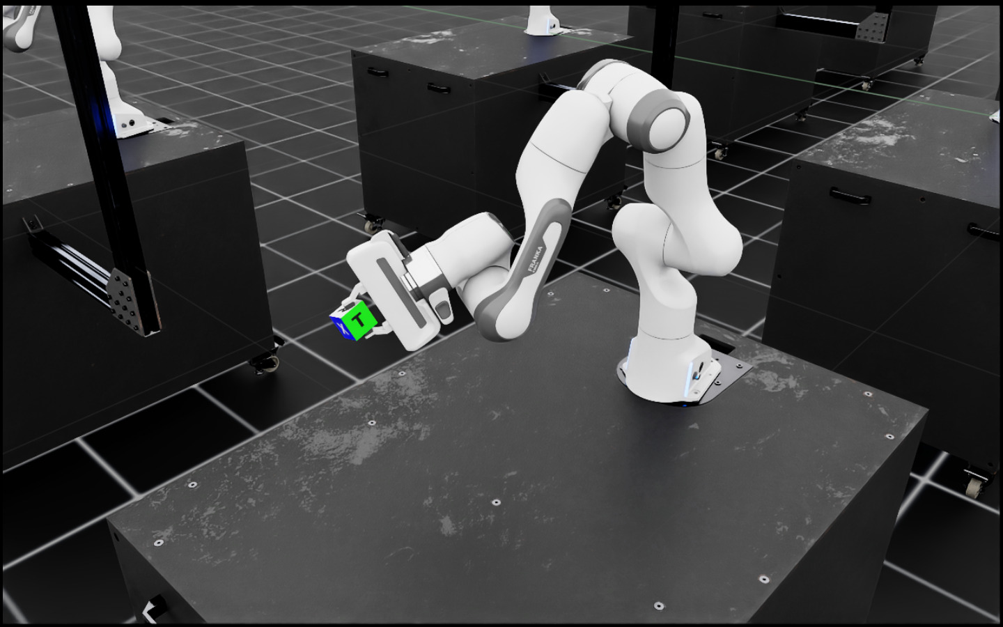 Pick a cube and bring it to a sampled target position with the Franka robot.