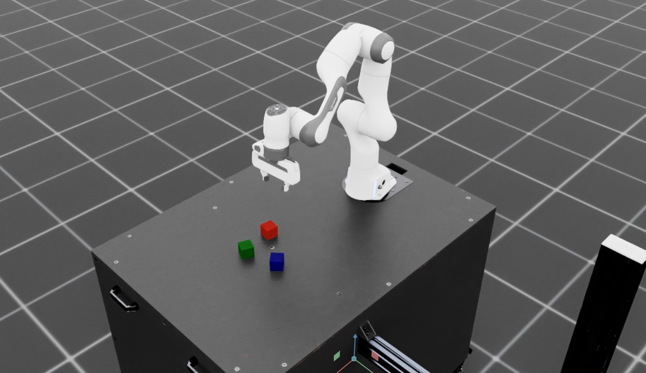 Stack three cubes (bottom to top: blue, red, green) with the Franka robot.