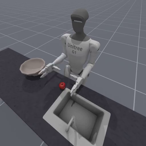 Control the humanoid unitree G1 robot to grab an apple with its right arm and place it in a bowl to the side.