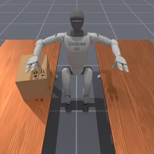 A G1 humanoid robot must find a box on a table and transport it to the other table and place it there..