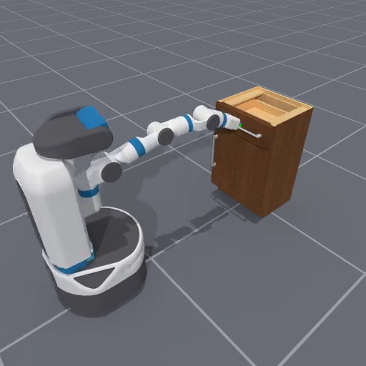 Use the Fetch mobile manipulation robot to move towards a target cabinet and open the target drawer out.