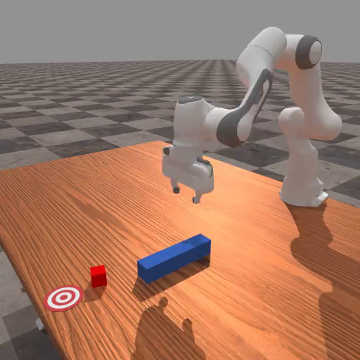 A simple task where the objective is to poke a red cube with a peg and push it to a target goal position.