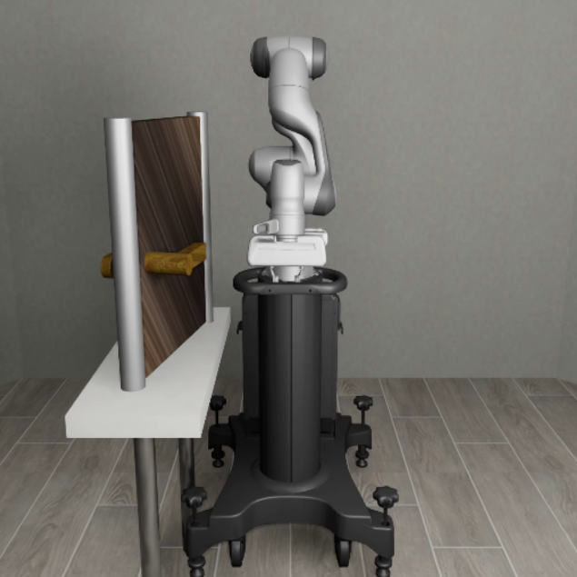 The robot arm must learn to turn the handle and open the door.