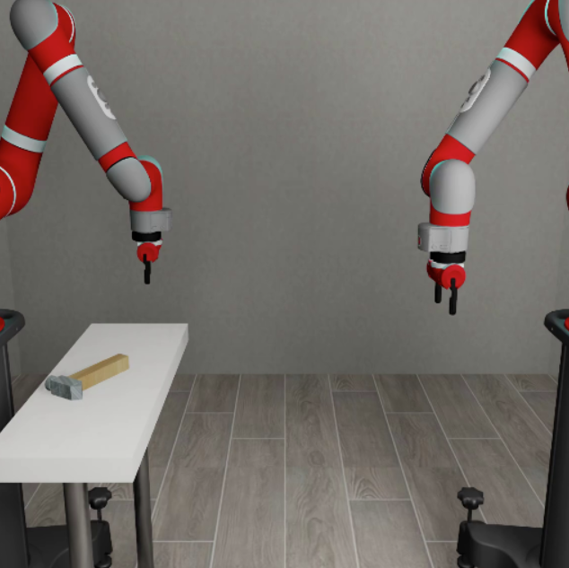 The two robot arms must coordinate so that the arm closer to the hammer picks it up and hands it to the other arm.
