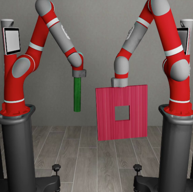 The two robot arms must coordinate to insert the peg into the hole.