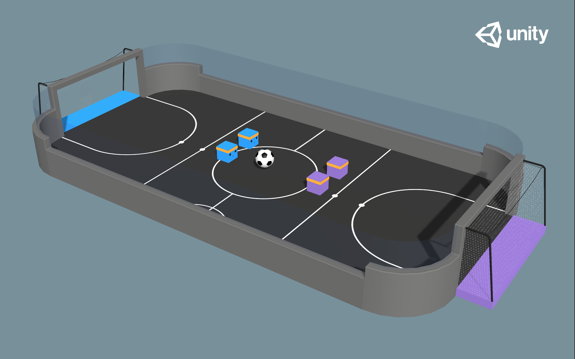 Environment where four agents compete in a 2 vs 2 toy soccer game.